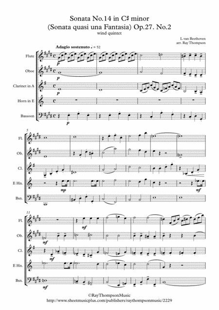 Free Sheet Music Beethoven Piano Sonata No 14 In C Minor Sonata Quasi Una Fantasia Moonlight Sonata Op 27 No 2 Mvt I Original Key Wind Quintet