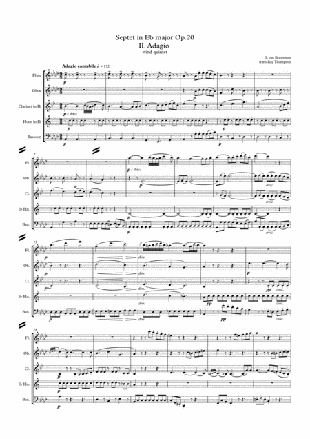 Beethoven Septet In Eb Major Op 20 Mvt Ii Adagio Wind Quintet Sheet Music