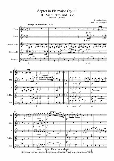 Free Sheet Music Beethoven Septet In Eb Major Op 20 Mvt Iii Menuetto And Trio Wind Quintet