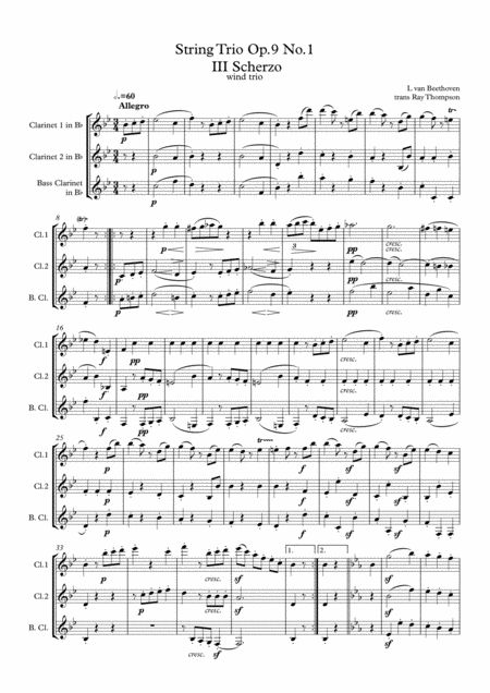 Beethoven String Trio No 3 In G Op 9 No 1 Mvt Iii Scherzo Clarinet Trio Sheet Music
