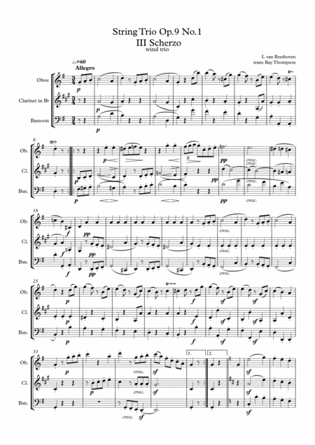 Beethoven String Trio No 3 In G Op 9 No 1 Mvt Iii Scherzo Woodwind Trio Sheet Music