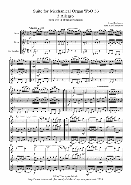 Beethoven Suite For Mechanical Organ Clock Woo 33 Mvt 3 Allegro Double Reed Wind Trio Sheet Music