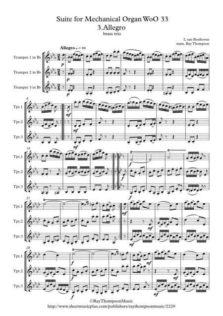Beethoven Suite For Mechanical Organ Clock Woo 33 Mvt 3 Allegro High Brass Trio Treble Clef Sheet Music