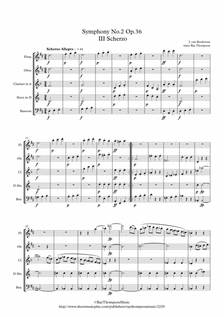 Beethoven Symphony No 2 Op 36 Mvt Iii Scherzo And Trio Wind Quintet Sheet Music