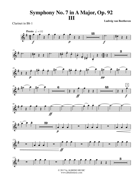 Free Sheet Music Beethoven Symphony No 7 Movement Iii Clarinet In Bb 1 Transposed Part Op 92