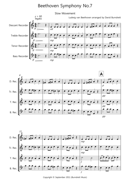 Beethoven Symphony No 7 Slow Movement For Recorder Quartet Sheet Music