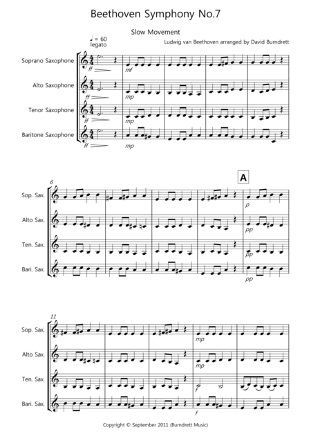 Beethoven Symphony No 7 Slow Movement For Saxophone Quartet Sheet Music