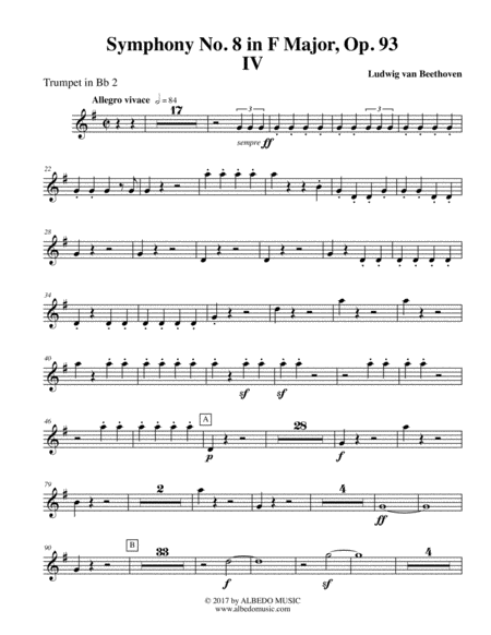 Free Sheet Music Beethoven Symphony No 8 Movement Iv Trumpet In Bb 2 Transposed Part Op 93