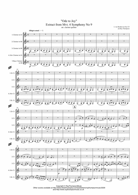 Free Sheet Music Beethoven Symphony No 9 Choral Symphony Op 125 Extract From Mvt Iv Ode To Joy Clarinet Quintet