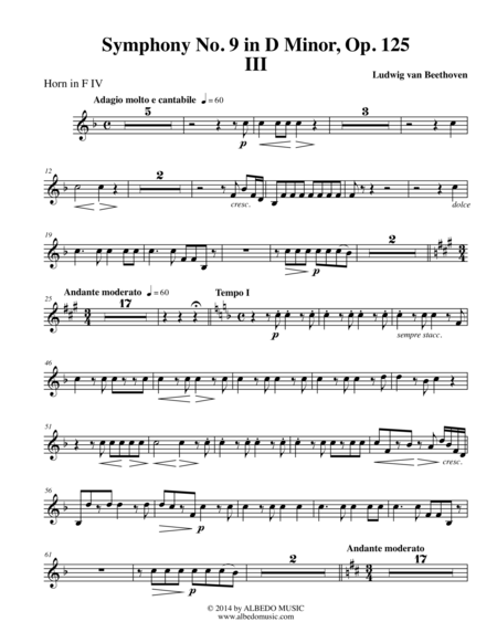 Free Sheet Music Beethoven Symphony No 9 Movement Iii Horn In F 4 Transposed Part Op 125