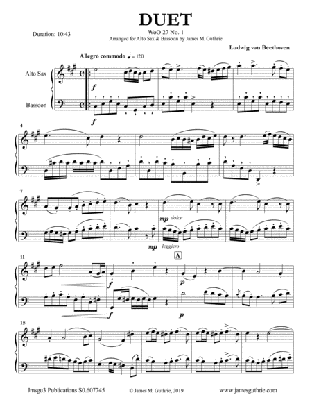 Beethoven Three Duets Woo 27 For Alto Sax Bassoon Sheet Music