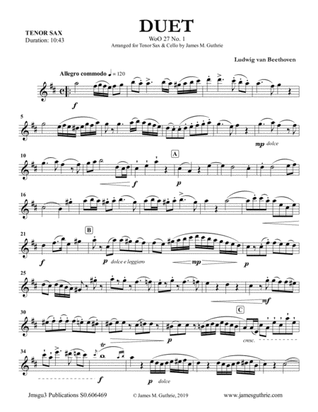 Beethoven Three Duets Woo 27 For Tenor Sax Cello Sheet Music