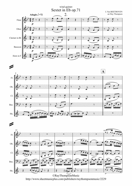 Beethoven Wind Sextet In Eb Op 71 Mvt 2 Adagio Wind Quintet Sheet Music