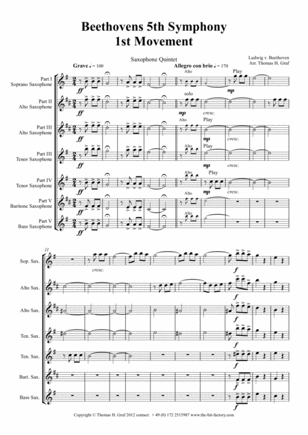 Beethovens 5th Symphony 1st Movement Excerpt Saxophone Quintet Arrangement Thomas H Graf Sheet Music