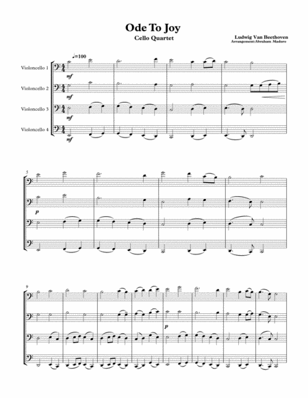 Beethovens Ode To Joy Cello Quartet Sheet Music