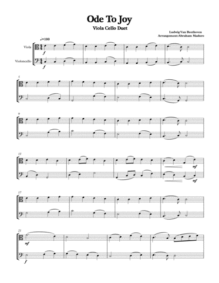 Free Sheet Music Beethovens Ode To Joy Viola Cello Duet Two Tonalities Included