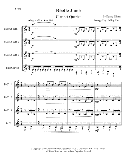 Beetlejuice Main Theme Clarinet Quartet Sheet Music