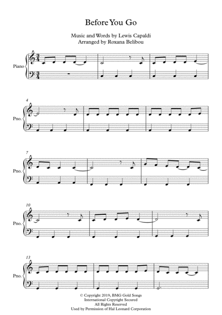 Before You Go C Major By Lewis Capaldi Easy Piano Sheet Music