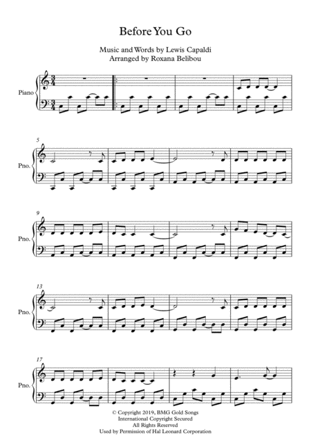 Before You Go C Major By Lewis Capaldi Piano Sheet Music