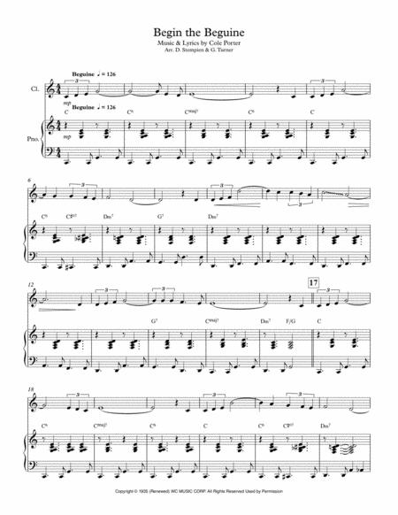 Begin The Beguine For B Flat Clarinet Solo With Piano Accompaniment Cole Porter Benny Goodman Sheet Music