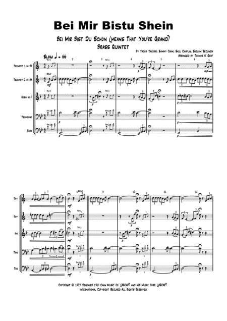 Free Sheet Music Bei Mir Bistu Shein Bei Mir Bist Du Schn Means That You Re Grand Brass Quintet