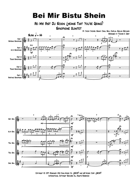 Bei Mir Bistu Shein Bei Mir Bist Du Schn Means That You Re Grand Saxophone Quintet Sheet Music