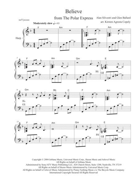 Believe From The Polar Express Pedal Or Lever Harp Arrangement Sheet Music