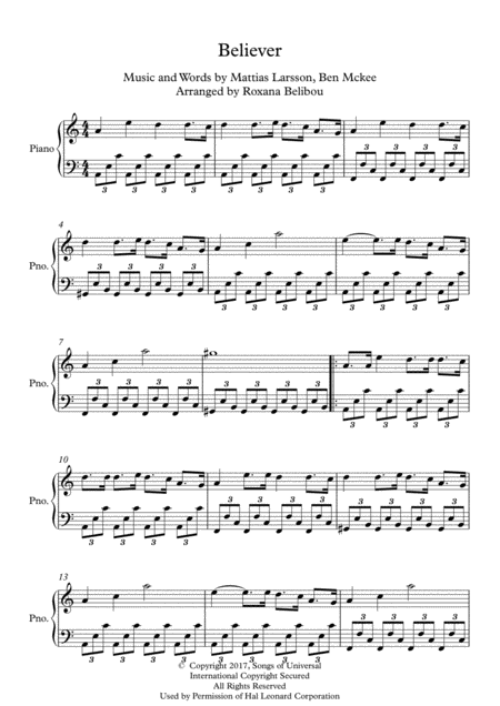 Believer A Minor By Imagine Dragons Piano Sheet Music