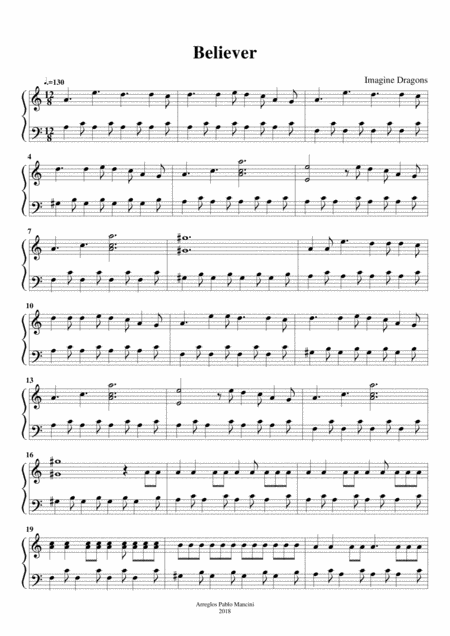 Believer Imagine Dragons Piano Version Arrangements Pablo Mancini Sheet Music