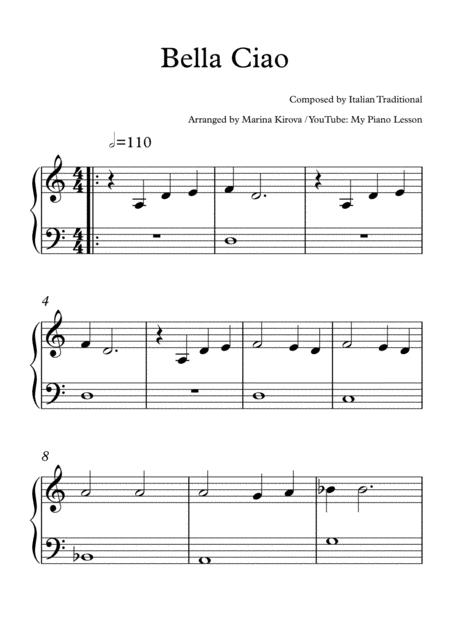 Bella Ciao Easy Piano Solo In Easy To Read Format Sheet Music