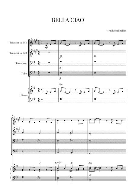 Bella Ciao For Brass Quartet And Piano Sheet Music