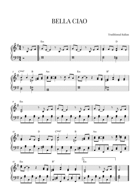 Bella Ciao For Intermediate Piano Sheet Music