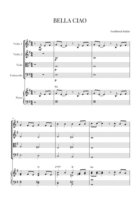 Bella Ciao For String Quartet And Piano Sheet Music