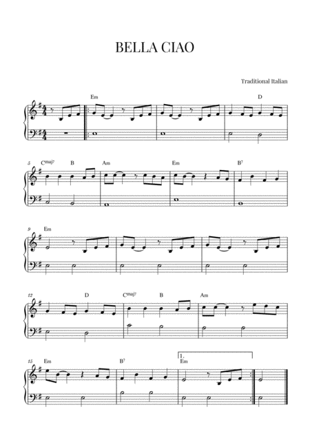 Bella Ciao For Very Easy Piano Sheet Music