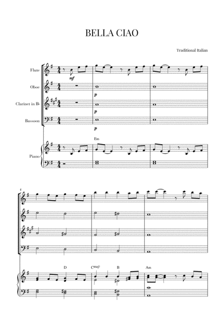 Free Sheet Music Bella Ciao For Woodwind Quartet And Piano