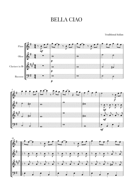 Bella Ciao For Woodwind Quartet Sheet Music