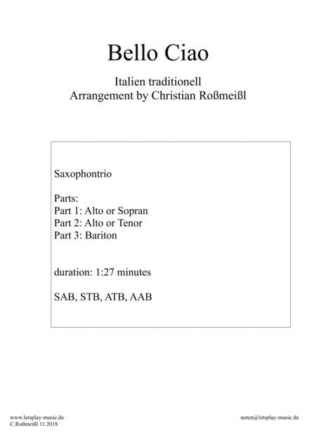 Bella Ciao Saxophontrio Sheet Music