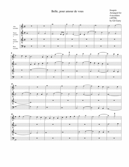 Belle Pour Amour De Vous Arrangement For 4 Recorders Sheet Music