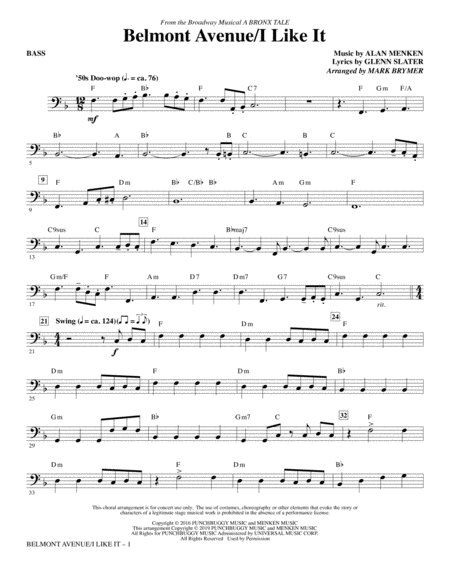 Free Sheet Music Belmont Avenue I Like It From A Bronx Tale Arr Mark Brymer Bass