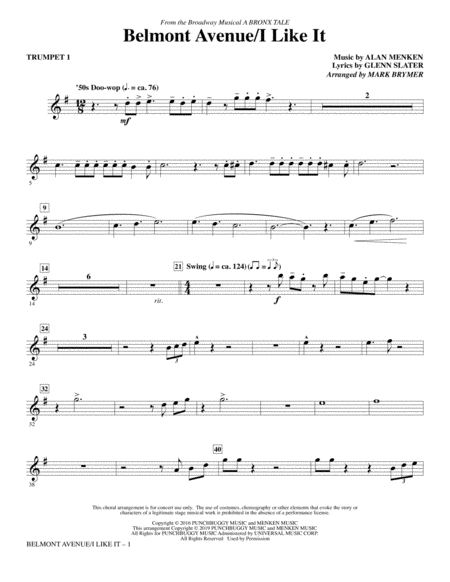 Belmont Avenue I Like It From A Bronx Tale Arr Mark Brymer Trumpet 1 Sheet Music