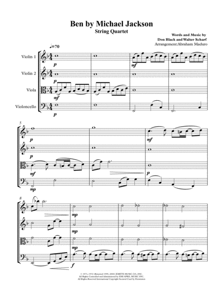 Free Sheet Music Ben By Michael Jackson String Quartet