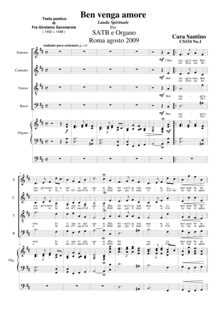 Ben Venga Amore Choir Satb And Organ Sheet Music