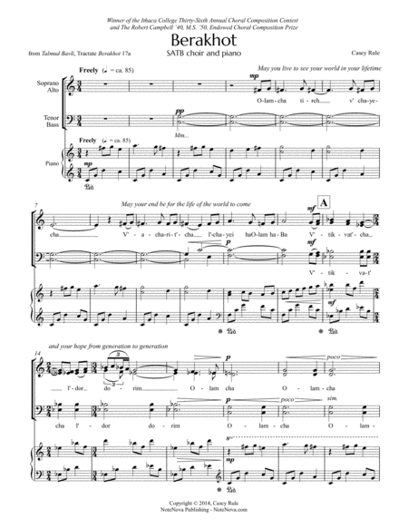 Berakhot Satb Casey Rule Sheet Music