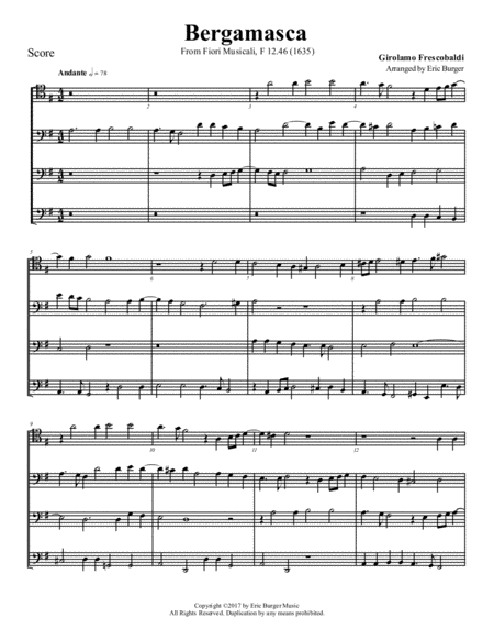 Free Sheet Music Bergamasca For Trombone Or Low Brass Quartet