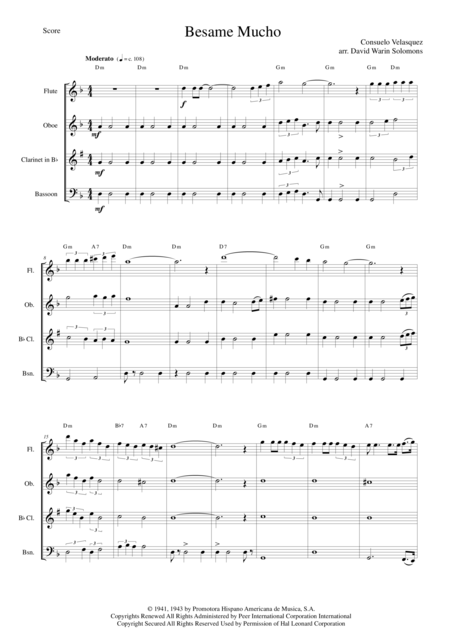 Free Sheet Music Besame Mucho For Wind Quartet And Optional Guitar Chords