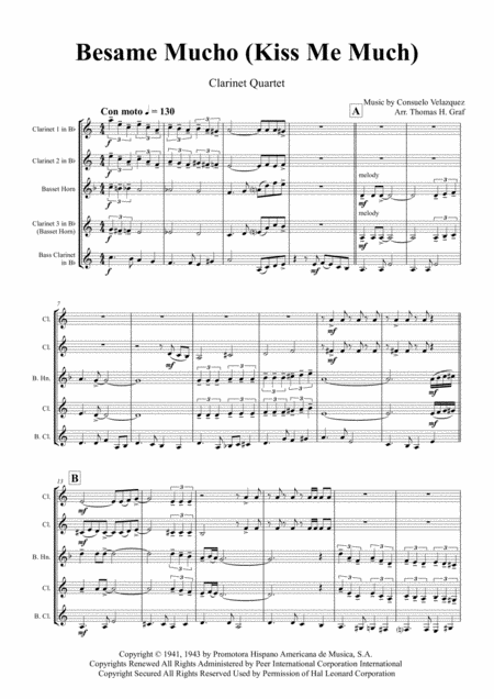 Besame Mucho Kiss Me A Lot World Famous Rumba Clarinet Quartet Sheet Music