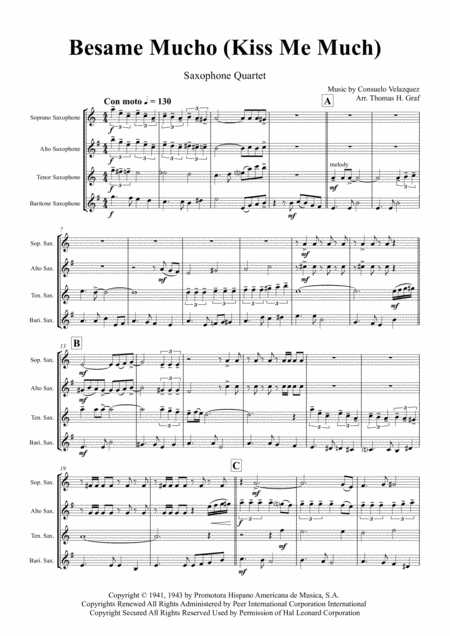 Besame Mucho Kiss Me A Lot World Famous Rumba Saxophone Quartet Sheet Music