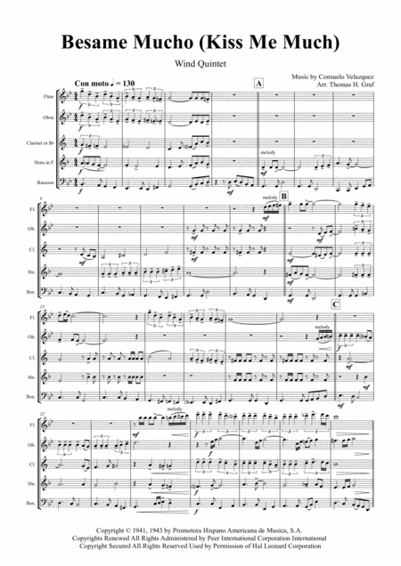 Besame Mucho Kiss Me A Lot World Famous Rumba Wind Quintet Sheet Music