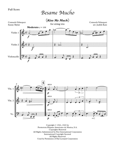 Besame Mucho Kiss Me Much For String Trio Sheet Music