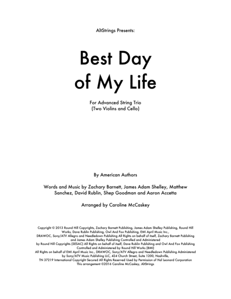 Free Sheet Music Best Day Of My Life String Trio Two Violins And Cello